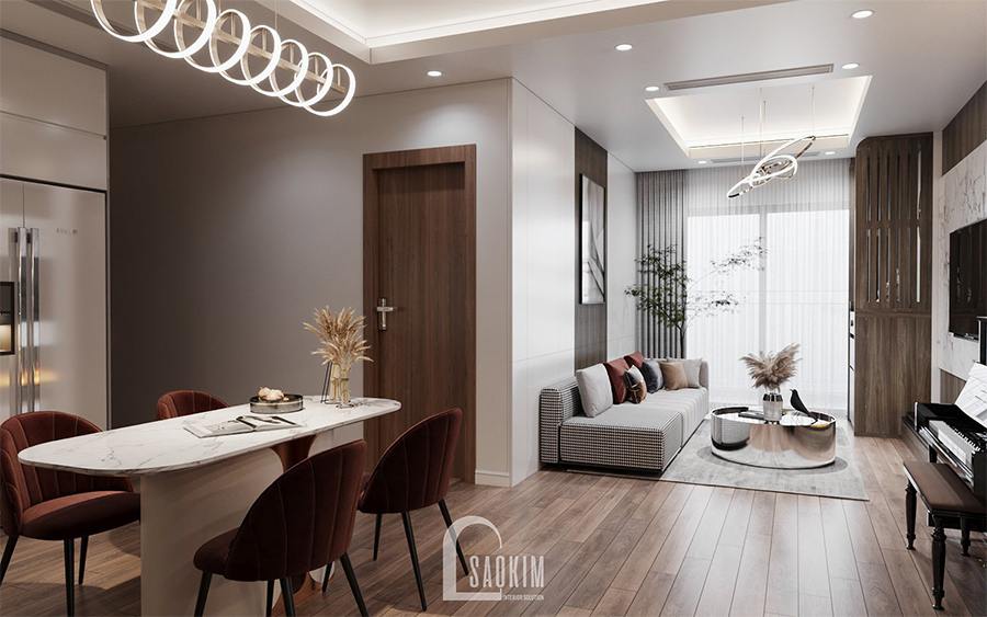 Thiết kế nội thất chung cư 85m2 Moon Tower Tây Hồ Residence lựa chọn không gian mở cho khu vực phòng khách, bàn, phòng ăn