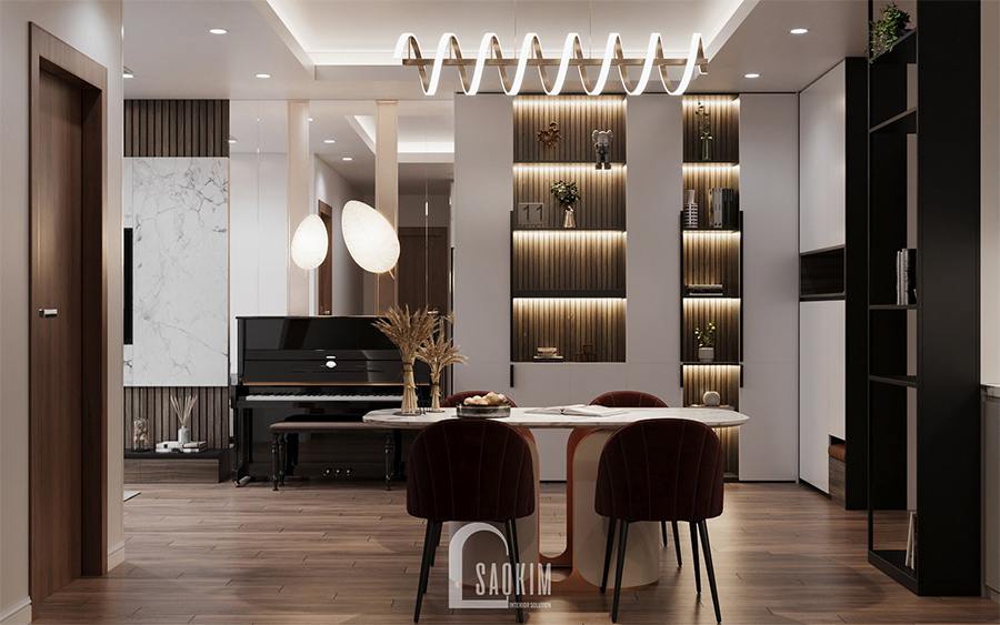 Thiết kế chung cư 85m2 2 phòng ngủ Moon Tower Tây Hồ Residence lựa chọn không gian mở cho khu vực phòng khách, bếp, phòng ăn