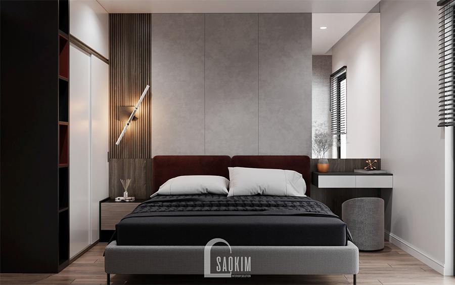 Thiết kế nội thất phòng ngủ master chung cư 85m2 Moon Tower Tây Hồ Residence sử dụng gam màu xám làm chủ đạo