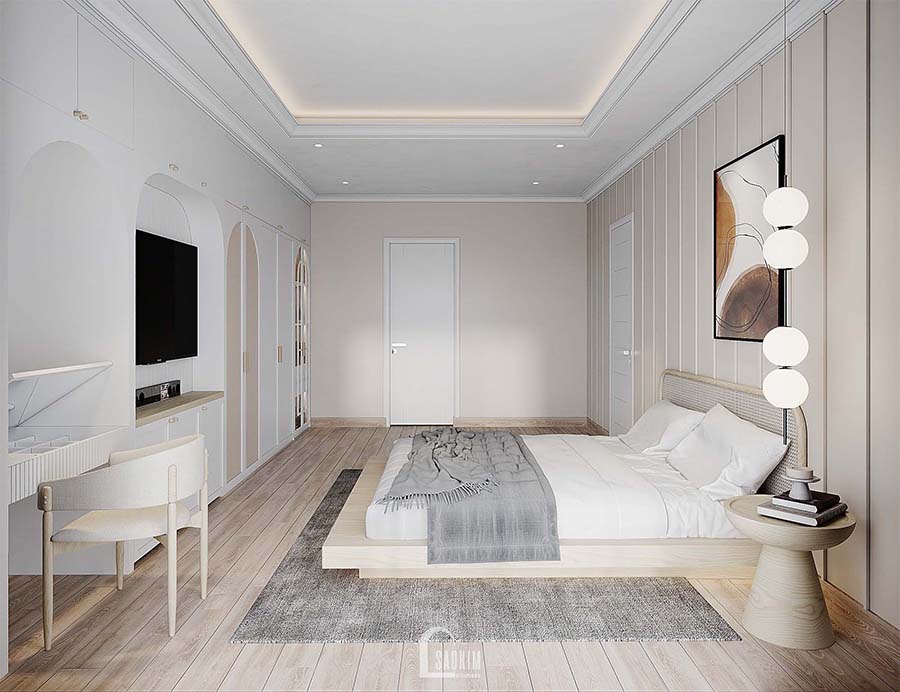 Thiết kế nội thất phòng ngủ master chung cư Royal City mang vẻ đẹp thanh lịch, trang nhã của phong cách Scandinavian Farmhouse