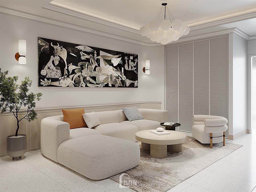 Thiết kế nội thất phòng khách chung cư Royal City mang vẻ đẹp thanh lịch, trang nhã của phong cách Scandinavian Farmhouse