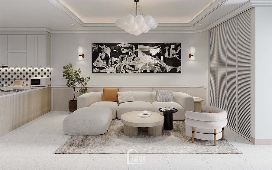 Thiết kế nội thất phòng khách chung cư Royal City mang vẻ đẹp thanh lịch, trang nhã của phong cách Scandinavian Farmhouse