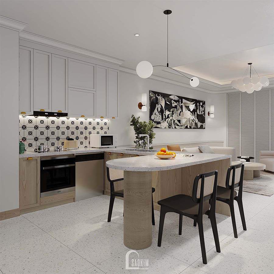 Thiết kế nội thất phòng ăn chung cư Royal City mang vẻ đẹp thanh lịch, trang nhã của phong cách Scandinavian Farmhouse