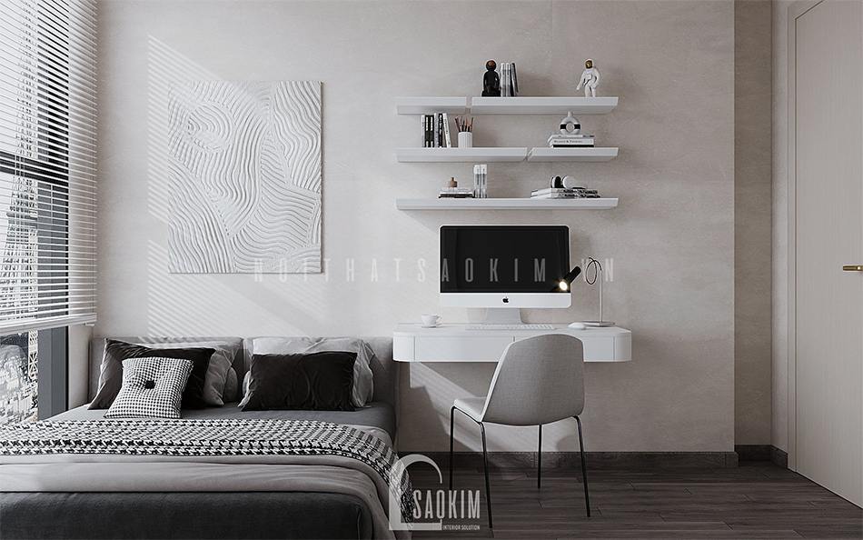 Thiết kế nội thất phòng ngủ bé trai chung cư Vinhomes Ocean Park gam màu trắng be và bê tông sáng