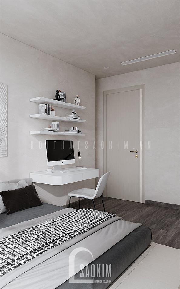 Bàn học và kệ sách bố trí cho phòng ngủ bé trai