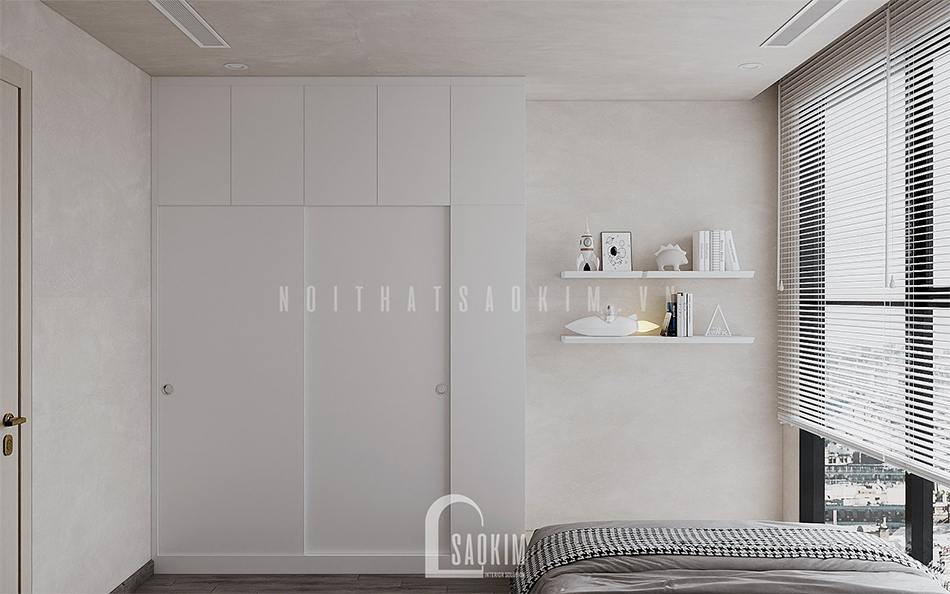 Cuối giường ngủ là kệ trang trí và tủ quần áo