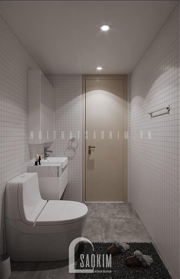 Thiết kế nội thất phòng tắm 2 chung cư Vinhomes Ocean Park gam màu trắng be và bê tông sáng