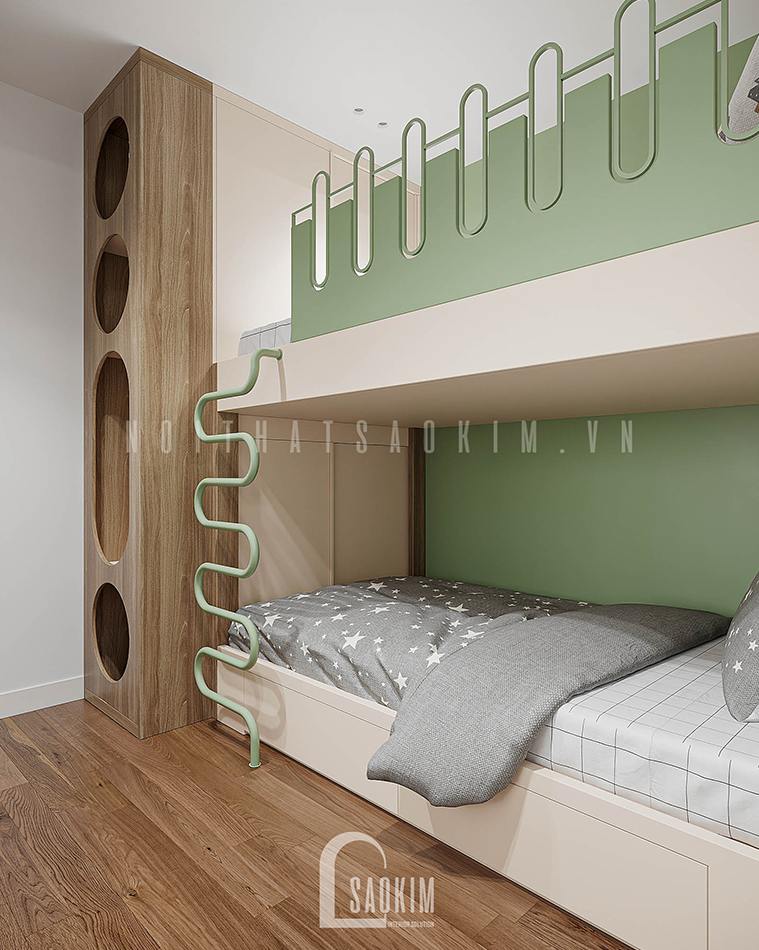 Thiết kế nội thất phòng ngủ cho bé Vinhomes Smart City 2 ngủ + 1 sử dụng hệ giường tầng với gam màu xanh lá và trắng