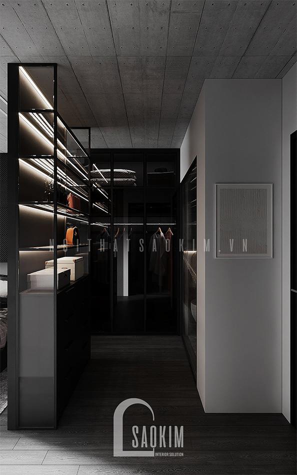 Thiết kế nội thất phòng thay đồ chung cư Vinhomes Ocean Park gam màu đen 