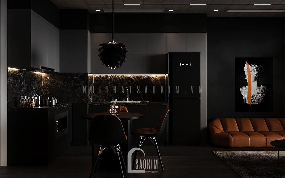 Thiết kế nội thất phòng bếp kết hợp gam màu đen và nâu chung cư Vinhomes Ocean Park