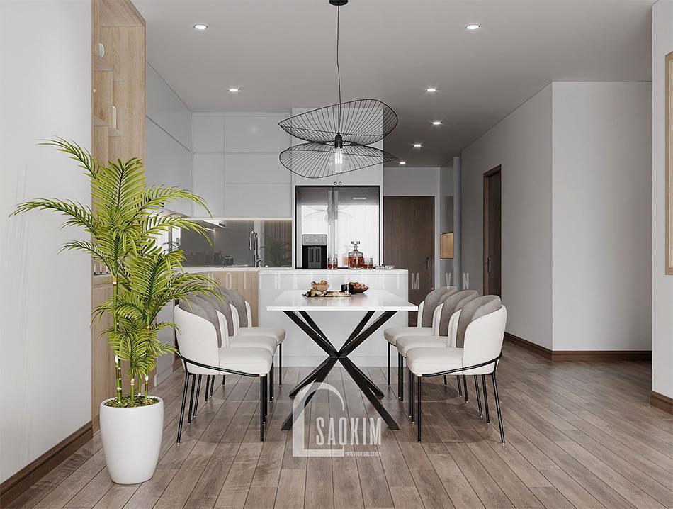 Thiết kế nội thất phòng ăn chung cư Royal City với bộ bàn ăn hiện đại gam màu trắng