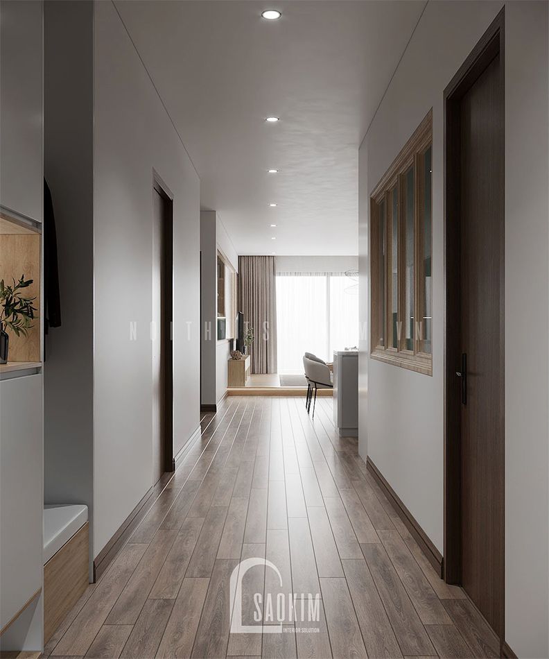 Khu vực hành lang rộng thoáng, gọn gàng nhờ sự bố trí của kiến trúc sư
