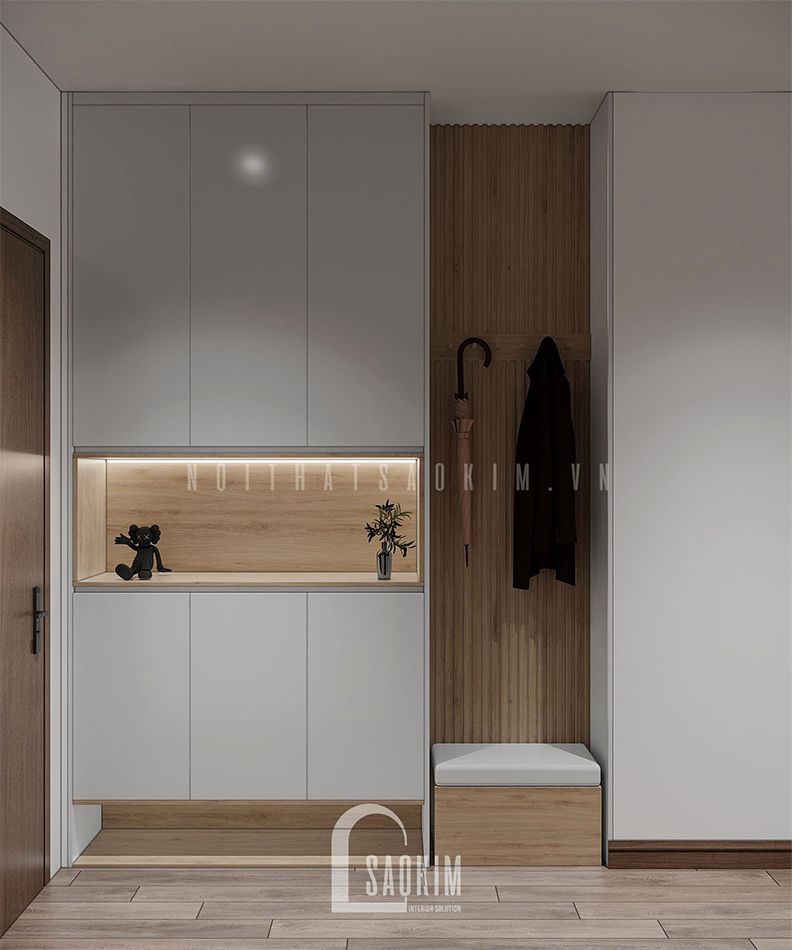 Thiết kế nội thất hành lang chung cư Royal City bố trí hệ tủ giày lớn cạnh cửa ra vào