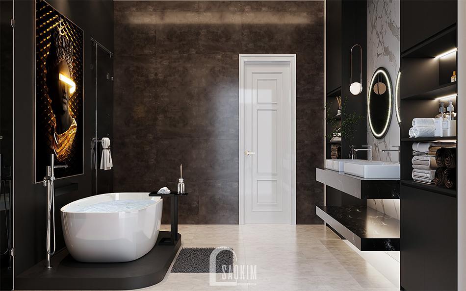 Thiết kế nội thất phòng tắm nhà liền kề Louis City Hoàng Mai sang trọng, đẳng cấp gam màu đen và trắng