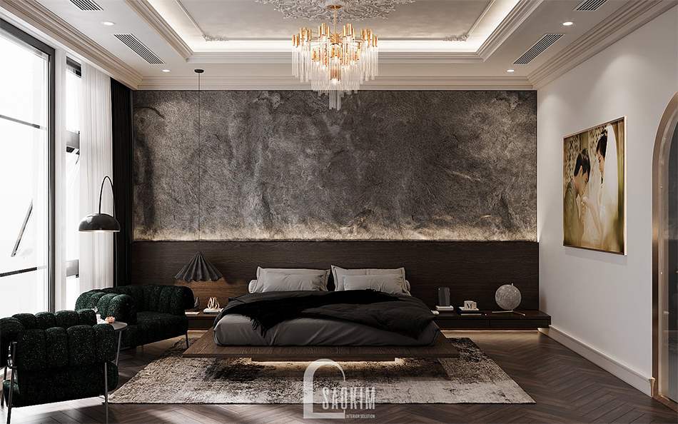 Thiết kế nội thất phòng ngủ chính cho vợ chồng gia chủ nhà liền kề Louis City Hoàng Mai sang trọng, đẳng cấp phong cách Tân Cổ Điển