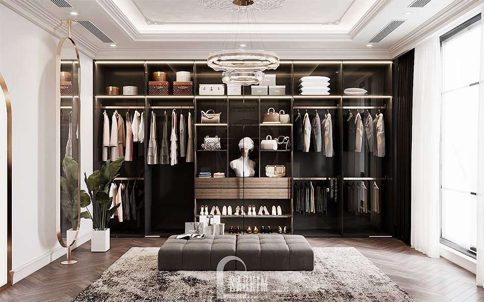 Hệ tủ quần áo lớn không cánh bố trí trong phòng thay đồ