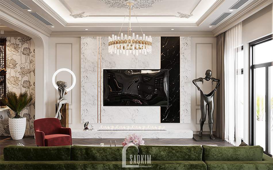 Thiết kế nội thất phòng khách nhà liền kề Louis City sử dụng đá ốp và nẹp inox mạ PVD cho vách tivi