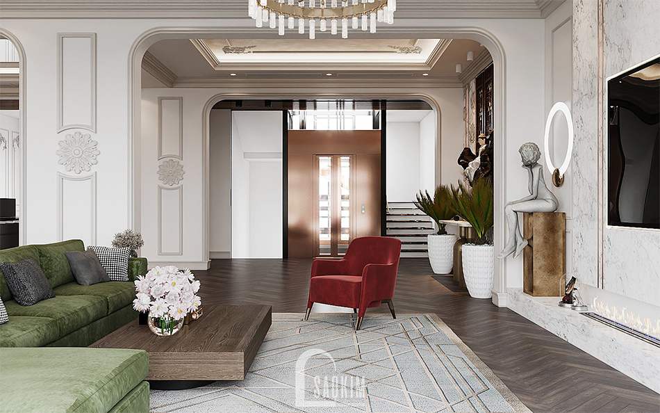 Thiết kế nội thất phòng khách phong cách Tân Cổ Điển với gam màu trắng làm chủ đạo