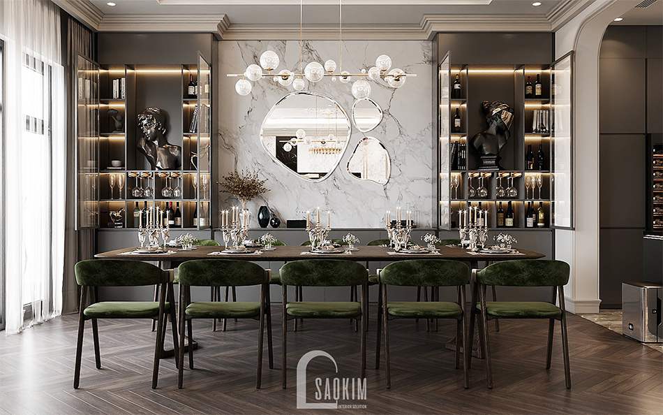 Thiết kế nội thất phòng ăn nhà liền kề Louis City Hoàng Mai sang trọng, đẳng cấp phong cách Tân Cổ Điển