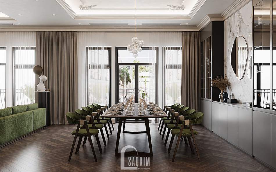 Màu sắc, ánh sáng, vật liệu mang đến thiết kế nội thất phòng bếp nhà liền kề cảm giác ấm áp, hài hòa