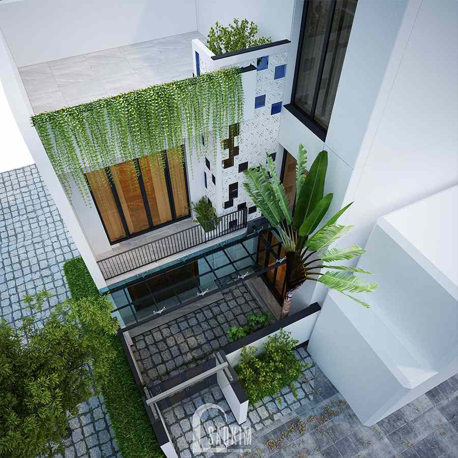 Thiết kế kiến trúc nội thất nhà phố hiện đại đẹp 3 tầng Chúc Sơn - Chương Mỹ tạo điểm nhấn với gạch ốp màu xanh nước biển và màu nâu