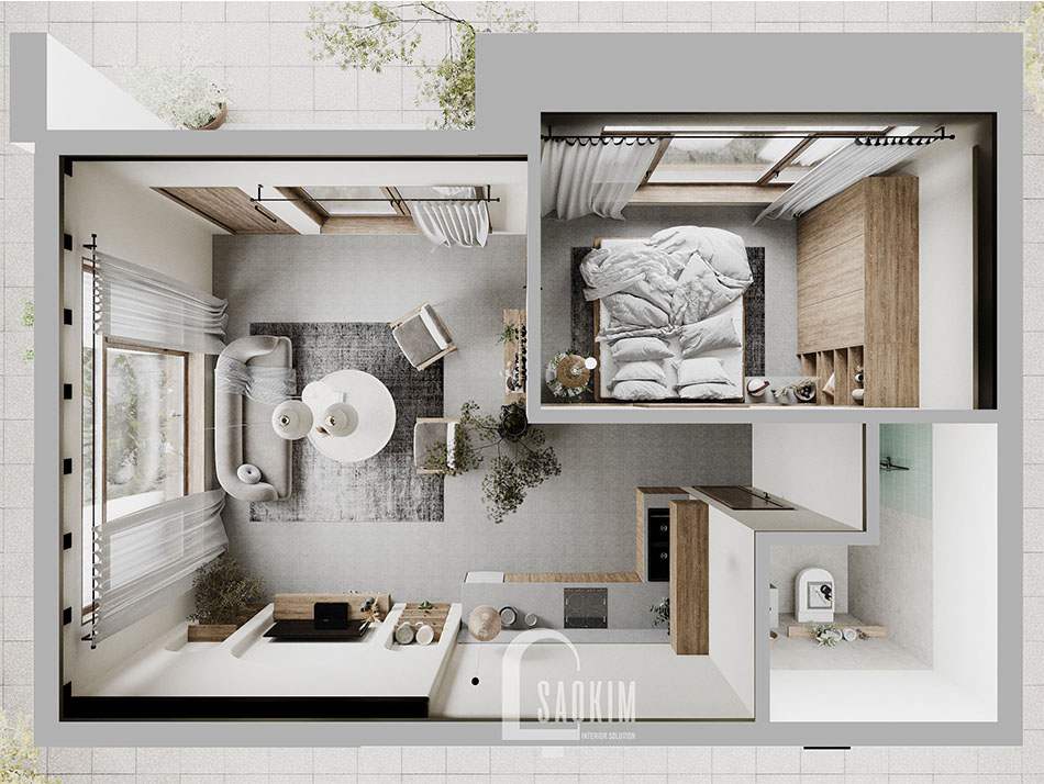 Mặt bằng 3D thiết kế căn nhà nhỏ 58m2 ở Hà Nam