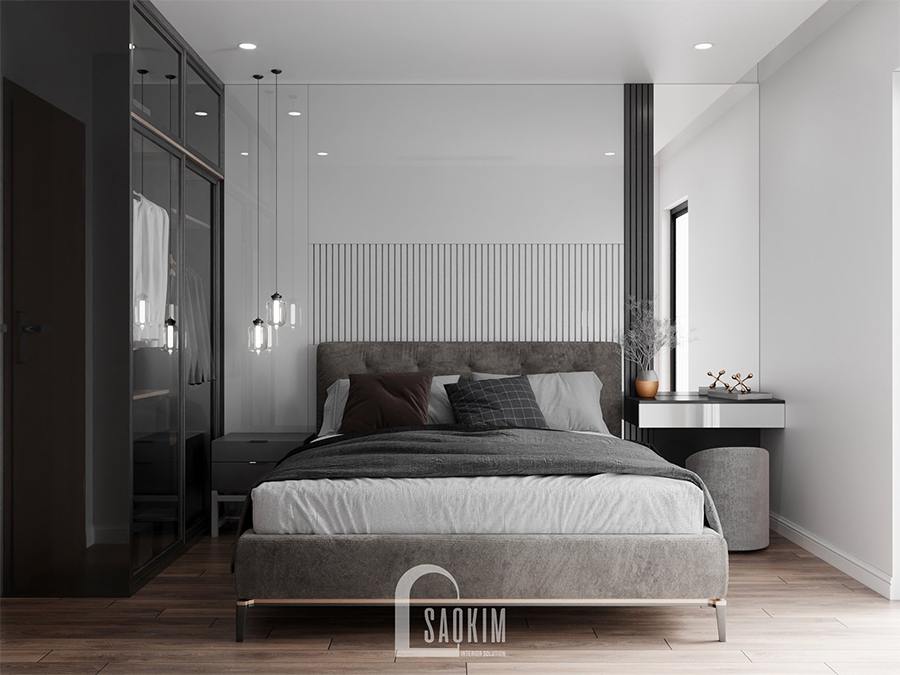 Thiết kế nội thất phòng ngủ 4 nhà phố theo phong cách hiện đại có phần cá tính, mạnh mẽ hơn nhờ kết hợp cấp độ đậm nhạt khác nhau của gam màu xám
