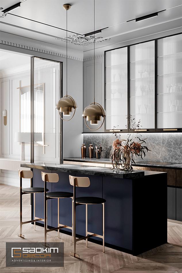 Thiết kế nội thất phòng bếp chung cư CT1 Eco Green City theo phong cách Tân Cổ Điển