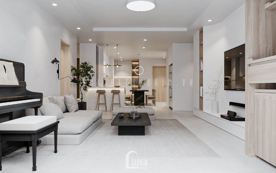 Thiết kế phòng khách chung cư La Casta Tower phong cách Japandi gam màu trắng kem