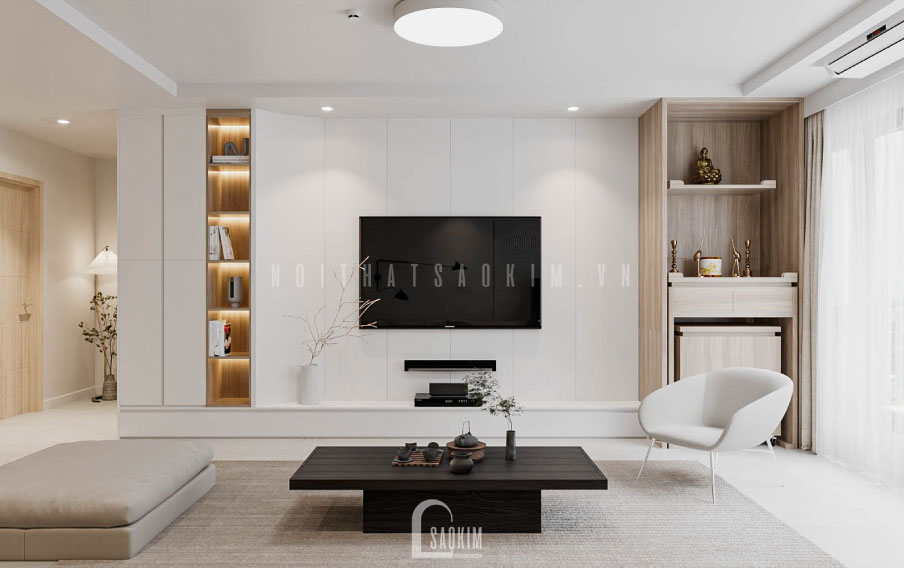 Thiết kế phòng khách chung cư La Casta Tower phong cách Japandi gam màu trắng kem