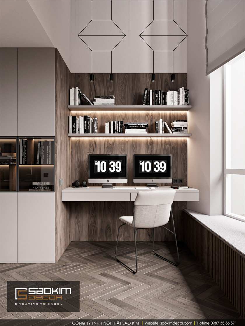 Thiết kế phòng ngủ master chung cư Dream Center Home có không gian làm việc nhỏ