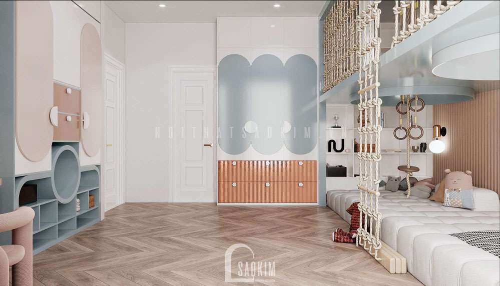 Thiết Kế Nội Thất Phòng Ngủ Bé Trai và Bé Gái liền kề Louis City Hoàng Mai màu xanh da trời và hồng pastel