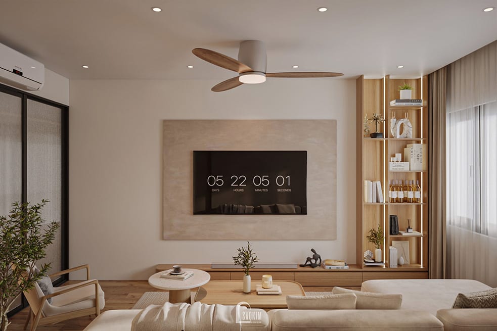 Thiết kế phòng khách phong cách Japandi nhà phố 50m2 5 tầng tại Kim Mã Hà Nội