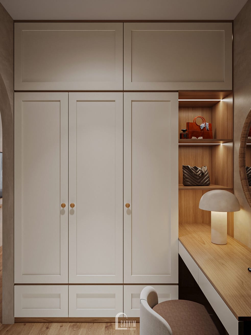 Thiết kế phòng thay đồ nhà phố 5 tầng 50m2 theo phong cách Japandi gọn gàng, sang trọng