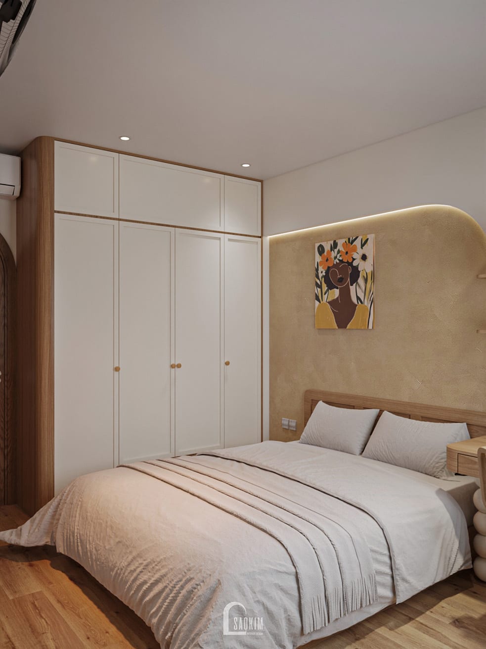 Thiết kế phòng ngủ con gái nhà phố 5 tầng 50m2 theo phong cách Japandi với điểm nhấn sơn hiệu ứng và đèn led