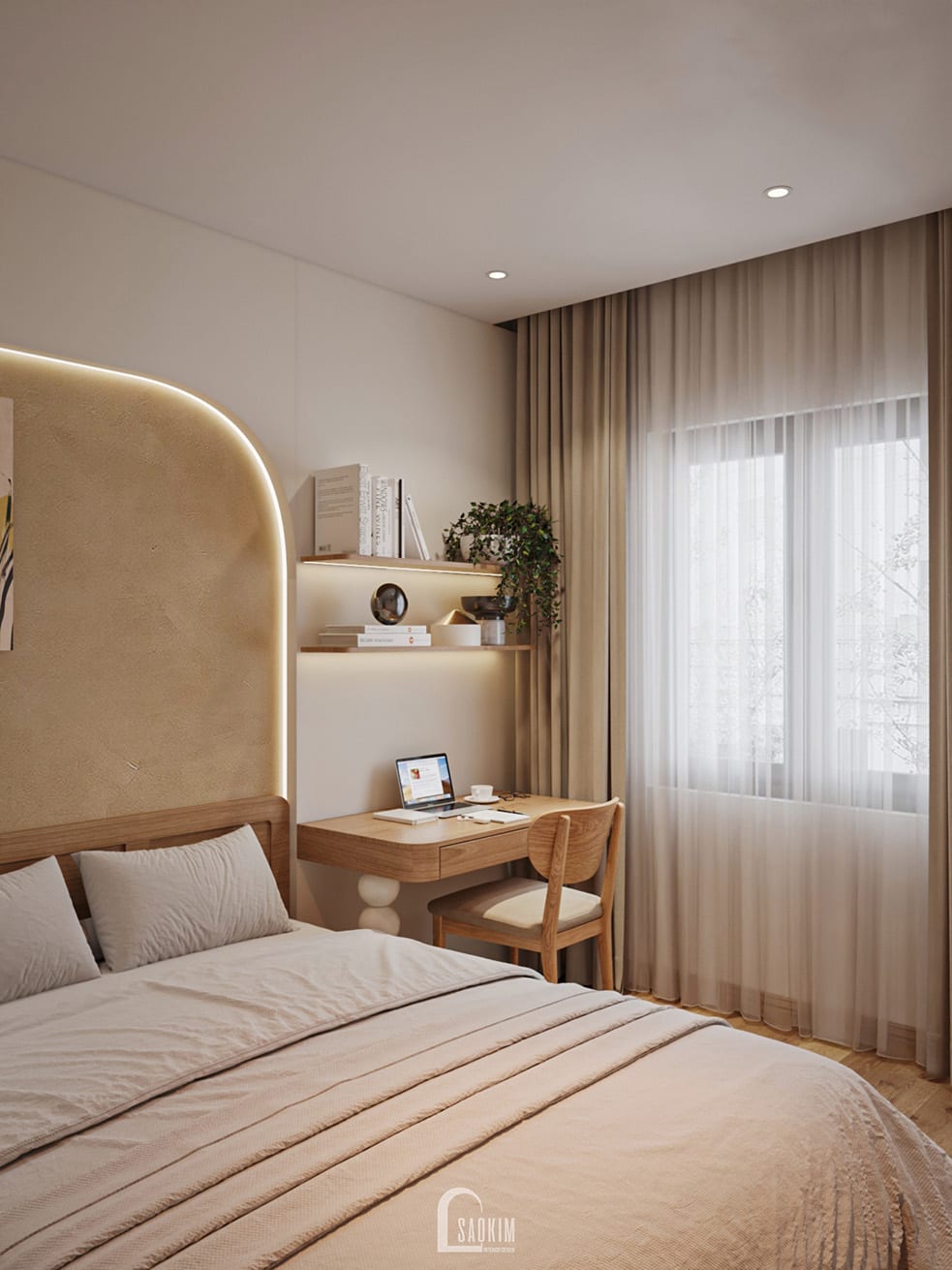 Thiết kế phòng ngủ con gái nhà phố 5 tầng tại Kim Mã - Hà Nội nổi bật với gam màu be – vàng pastel