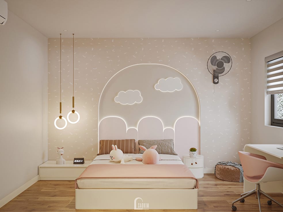 Thiết kế nhà phố 5 tầng lựa chọn gam màu hồng pastel làm điểm nhấn cho phòng ngủ bé gái