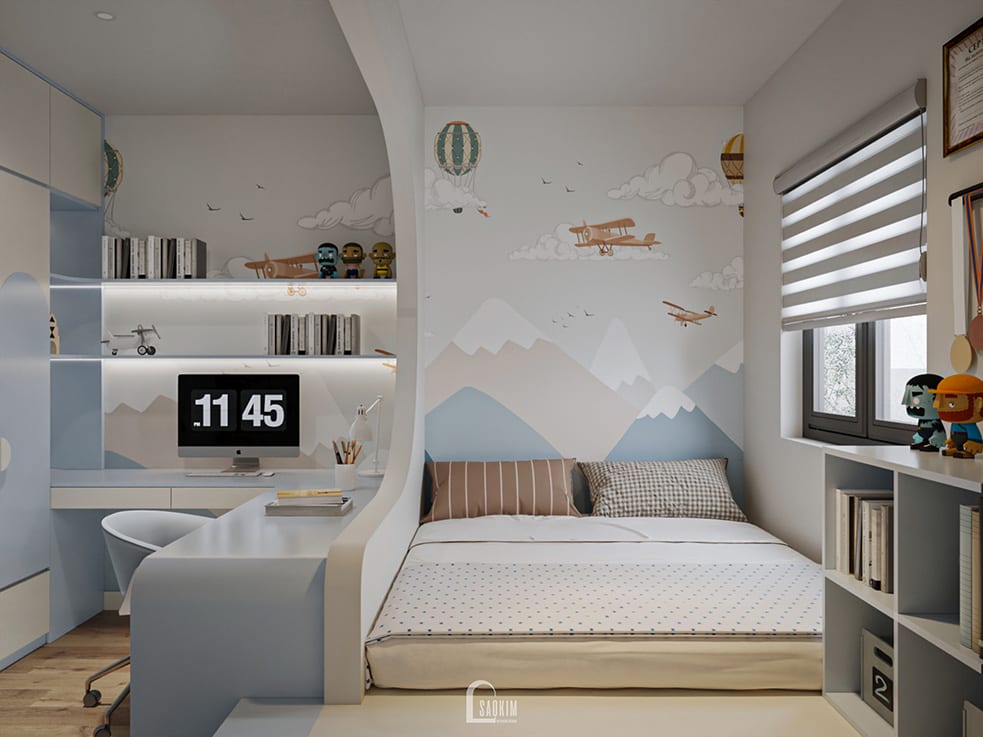 Thiết kế phòng ngủ bé trai nhà phố 5 tầng 50m2 lựa chọn gam màu xanh dương và màu trắng vừa nhẹ nhàng vừa tươi mát, tạo cảm giác dễ chịu và phù hợp với lứa tuổi