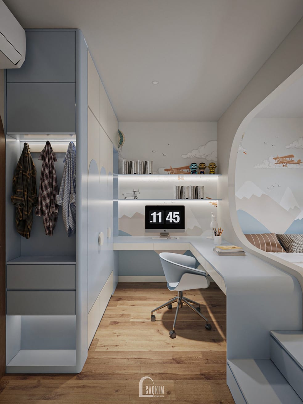 Thiết kế phòng ngủ bé trai nhà phố 5 tầng 50m2 – bàn học rộng rãi, khu trưng bày huy chương và bằng khen khích lệ tinh thần học tập.