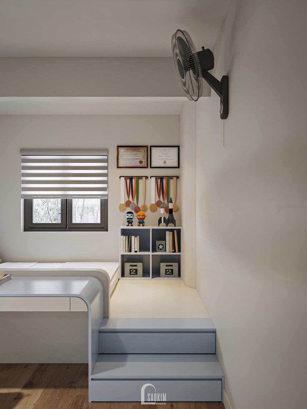 Thiết kế nội thất phòng ngủ bé trai – bàn học rộng rãi, khu trưng bày huy chương và bằng khen khích lệ tinh thần học tập.