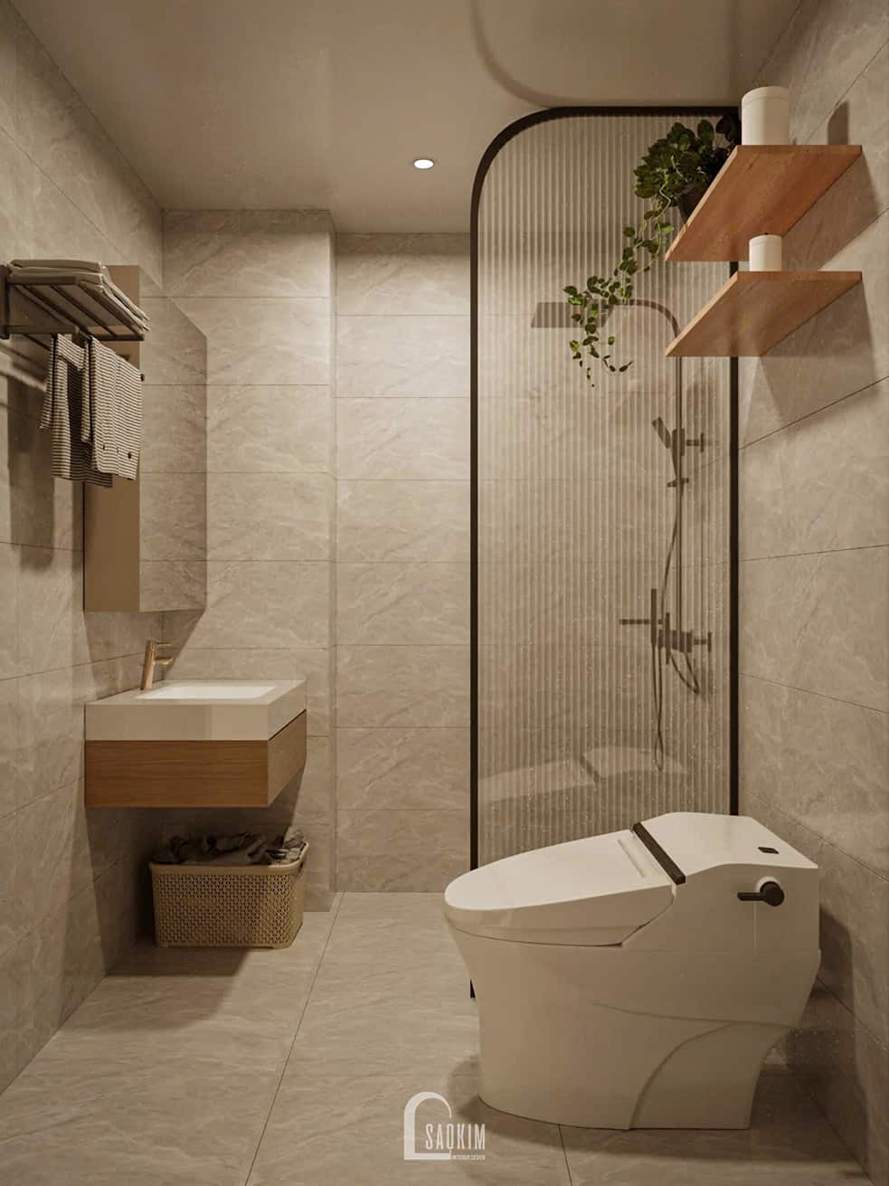 Thiết kế wc nhà phố 5 tầng 50m2 tối giản nhưng tinh tế, mang đến trải nghiệm tiện nghi và thư thái