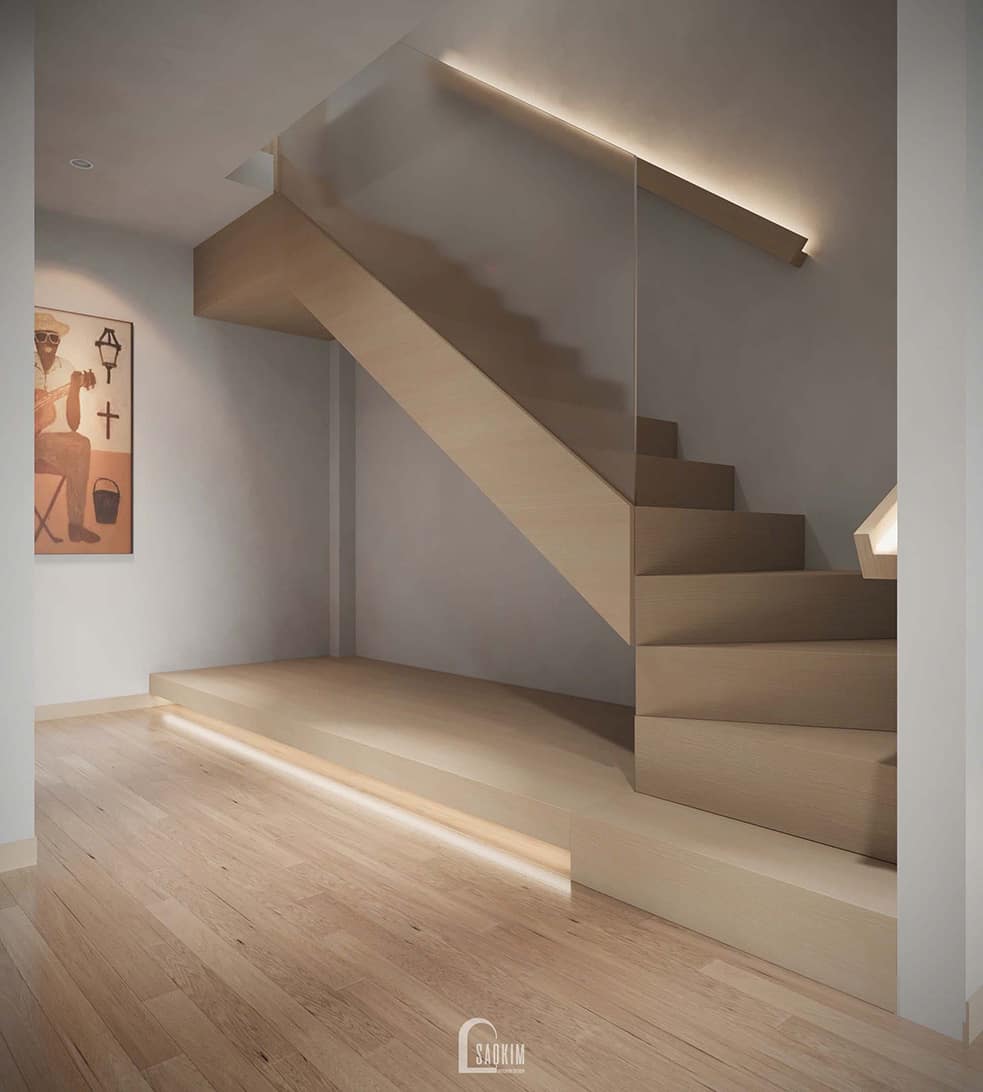 Thiết kế sảnh thang bộ nhà liền kề Vinhomes Ocean Park 2 phong cách Minimalist mix Wabi Sabi