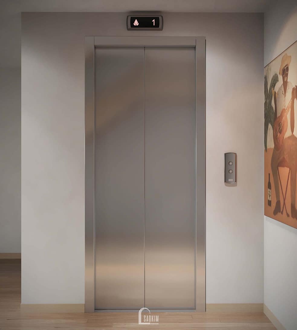 Thiết kế sảnh thang máy nhà liền kề Vinhomes Ocean Park 2 phong cách Minimalist mix Wabi Sabi