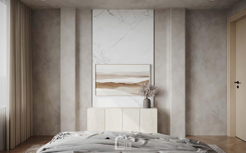 Thiết kế phòng ngủ master phong cách Minimalist mix Wabi Sabi nhà liền kề Vinhomes Ocean Park 2  – khu vực kệ tivi