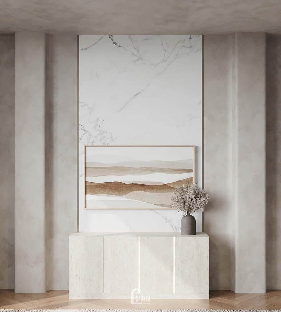 Thiết kế vách kệ tivi phòng ngủ master phong cách Minimalist mix Wabi Sabi nhà liền kề Vinhomes Ocean Park 2