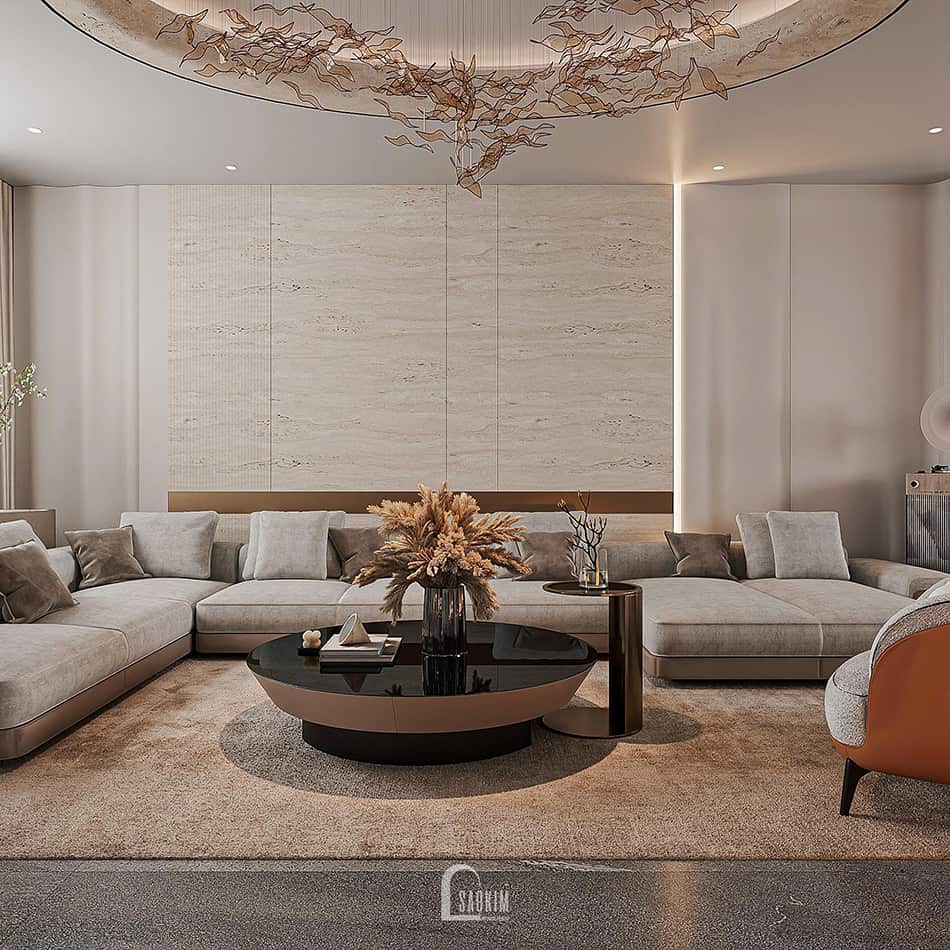 Thiết kế phòng khách nhà phố liền kề Mỹ Đình theo phong cách hiện đại Luxury