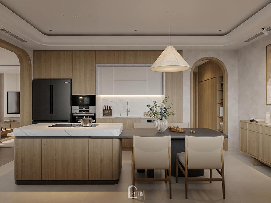 Thiết kế bếp nhà phố Mỹ Đình phong cách Japandi: gọn gàng và ấm áp