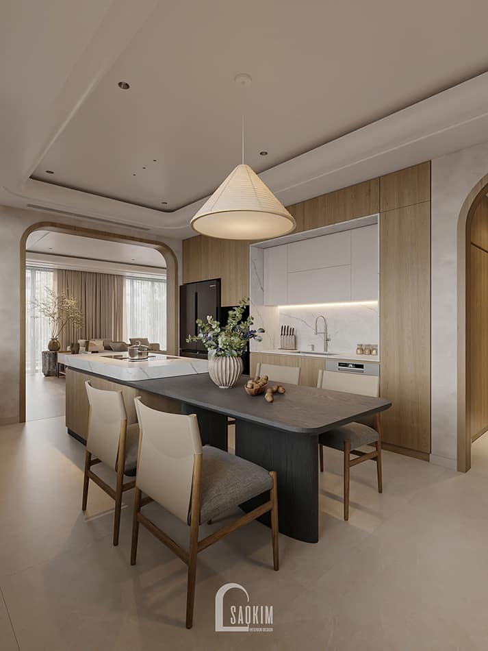Thiết kế bếp nhà phố Mỹ Đình phong cách Japandi- Bàn ăn và bàn đảo
