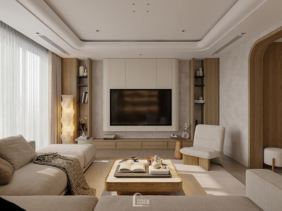 Thiết kế nhà phố 90m2 phong cách Japandi – bản giao hưởng của gỗ và ánh sáng. Vách tivi bo cong