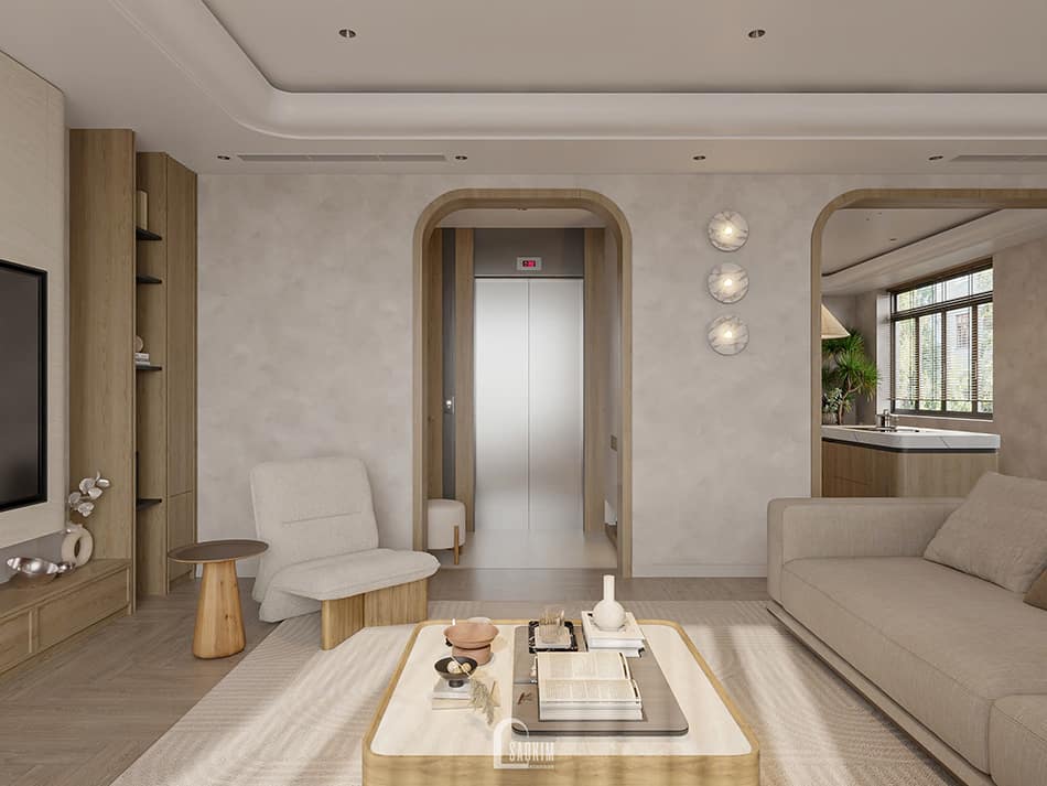 Thiết kế phòng khách nhà phố 90m2 đẹp phong cách Japandi – bản giao hưởng của gỗ và ánh sáng. Vách tivi bo cong